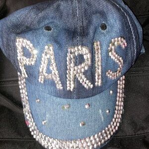 Denim Cap with Rhinestone Paris Design